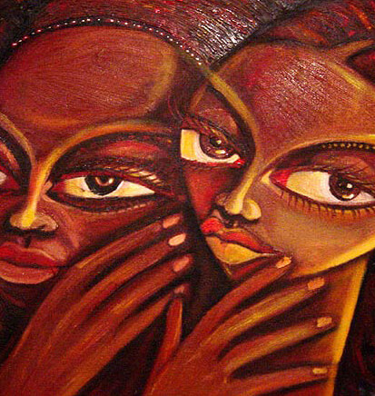 Malerei von zwei Gesichtern, die ihre Köpfe nah beieinander halten, zwei Hände sind nah an den Gesichtern
