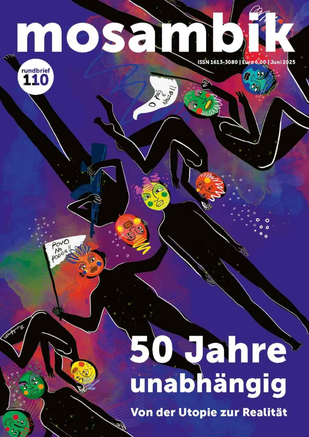 Mosambik Rundbrief 110 zum Thema "50 Jahre unabhängig: Von der Utopie zur Realität" mit einem illustrierten Titelbild, das Demonstrierende in Mosambik zeigt.